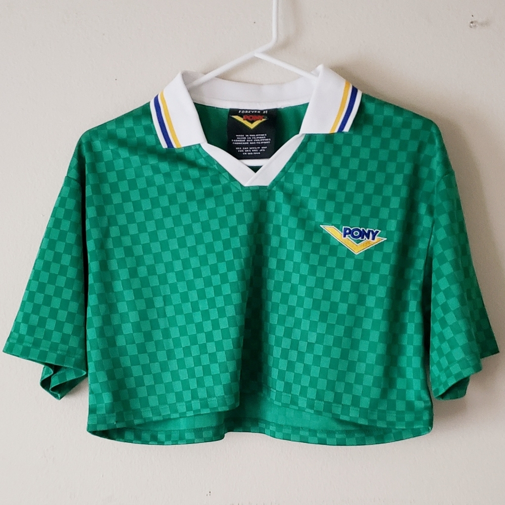 Forever 21 x Pony Womens Green Checkered Cropped Jersey Polo